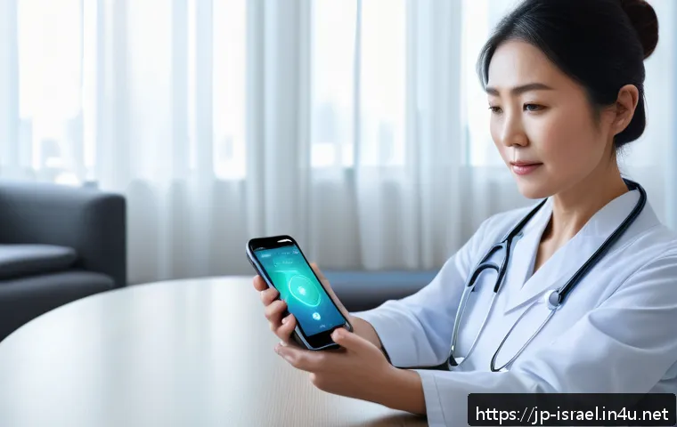 이스라엘의 의료기술 혁신 - A futuristic telemedicine scene showing a middle-aged Japanese woman wearing a sleek smart wrist dev...