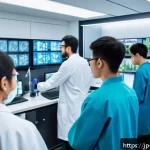 이스라엘의 고등교육  히브리 대학교 - A modern interdisciplinary university laboratory scene in Israel, featuring a diverse group of stude...