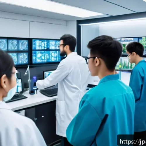 이스라엘의 고등교육  히브리 대학교 - A modern interdisciplinary university laboratory scene in Israel, featuring a diverse group of stude...
