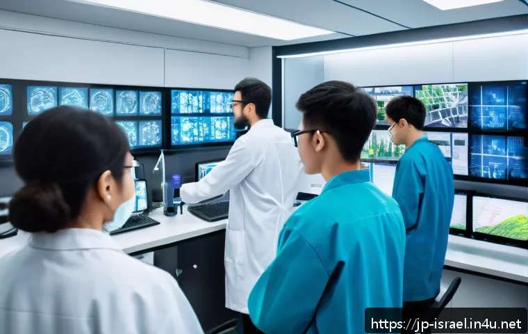이스라엘의 고등교육  히브리 대학교 - A modern interdisciplinary university laboratory scene in Israel, featuring a diverse group of stude...