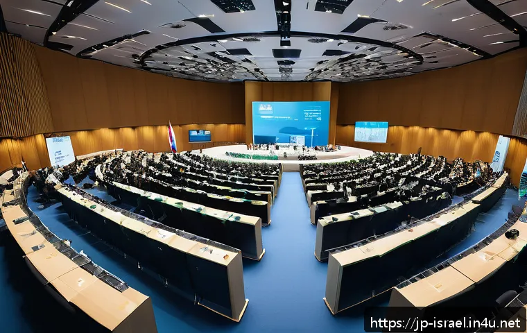이스라엘의 국제 회의 개최 - A vibrant international conference scene set in Israel, showcasing diverse delegates from Middle Eas...