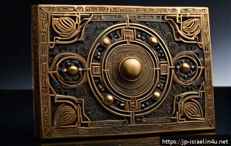 이스라엘에서 배울 수 있는 고대 예술 - An intricately detailed ancient Israelite metal artifact featuring delicate micro-carvings on polish...