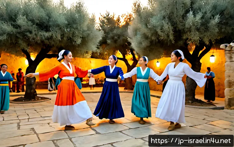 이스라엘의 전통 및 현대 무용 - Photorealistic Israeli folk dance scene, diverse adult dancers in modest colorful traditional-inspir...