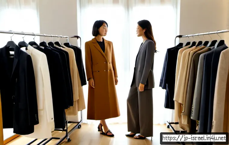 이스라엘의 패션 브랜드 - Photorealistic editorial fashion scene in a stylish Tel Aviv boutique, elegant clothing racks with m...