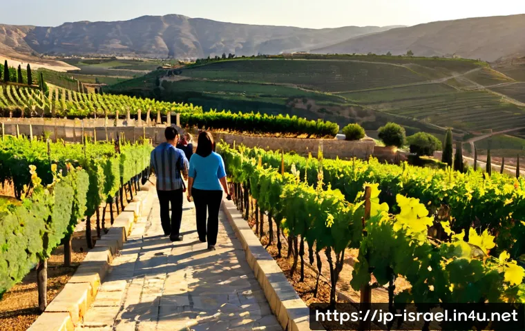 이스라엘의 와이너리 투어 - Photorealistic winery tour in the sunlit Judean Hills of Israel, a small group of adult visitors wal...
