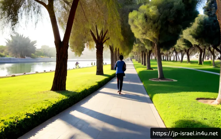 이스라엘의 주요 공원과 산책로 - Photorealistic morning scene in a spacious urban park in Tel Aviv, a calm tree-lined walking path be...