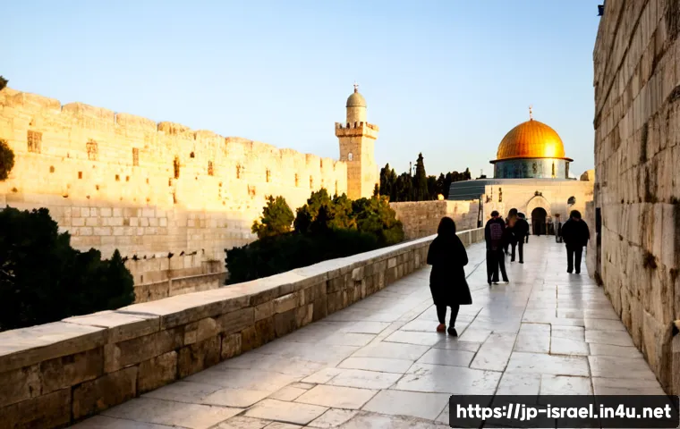 이스라엘 주요 관광 명소의 문화적 가치 - Photorealistic sunrise view of Jerusalem’s Old City from a quiet stone terrace, ancient limestone wa...