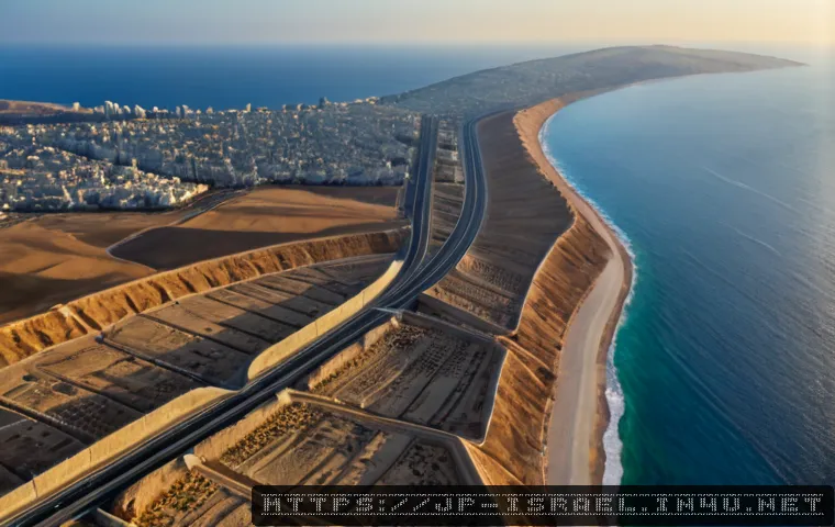 이스라엘의 중동에서의 위치적 중요성 - Photorealistic aerial view of Israel’s eastern Mediterranean coastline at sunrise, deep blue sea on ...