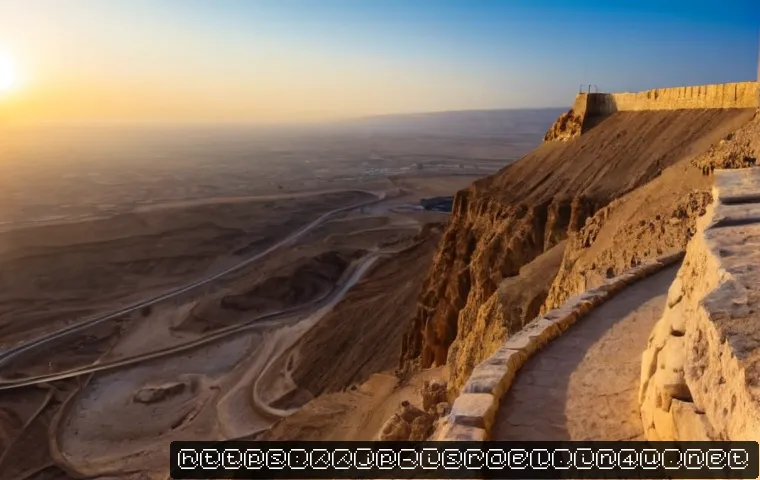 이스라엘의 국립 공원 - Photorealistic sunrise view of Masada National Park in Israel, ancient desert fortress ruins atop a ...