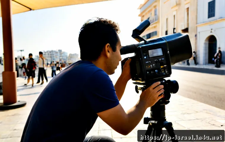 이스라엘의 영화 산업 - Photorealistic Israeli film production set in Tel Aviv at golden hour, diverse adult crew operating ...