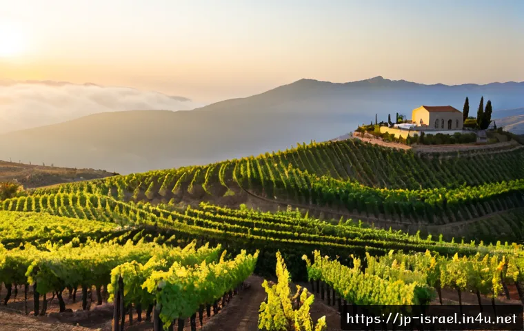이스라엘의 주요 와인 생산지 - Photorealistic sunrise view of terraced vineyards in Israel’s Golan Heights, orderly rows of grapevi...