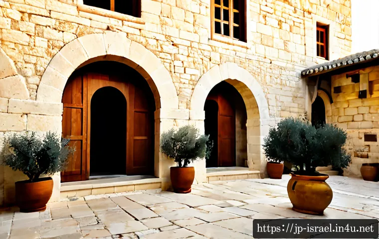 이스라엘의 전통 건축물 - Photorealistic wide-angle view of an ancient Jerusalem limestone courtyard house, thick pale stone w...